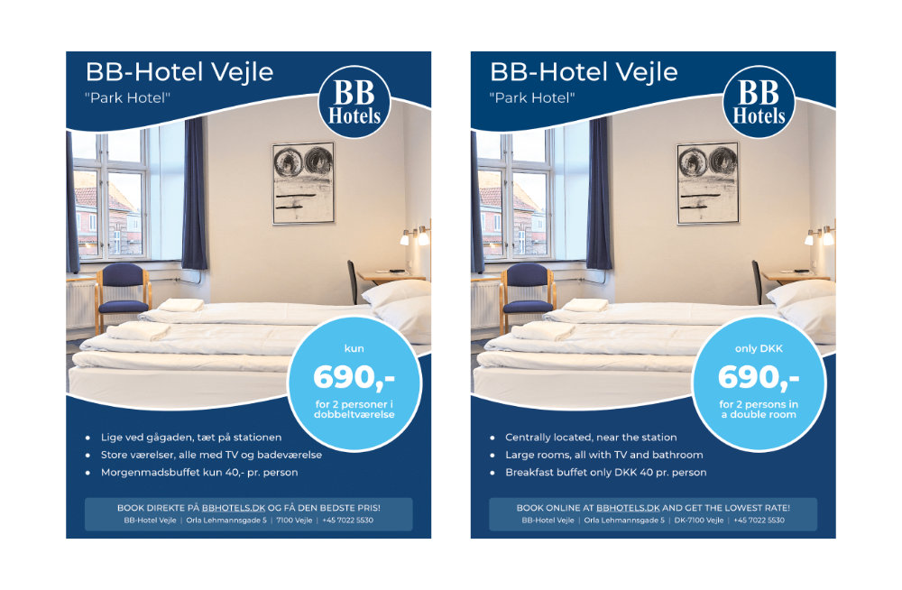 Flersproget print annonce hotel til turistbrochure